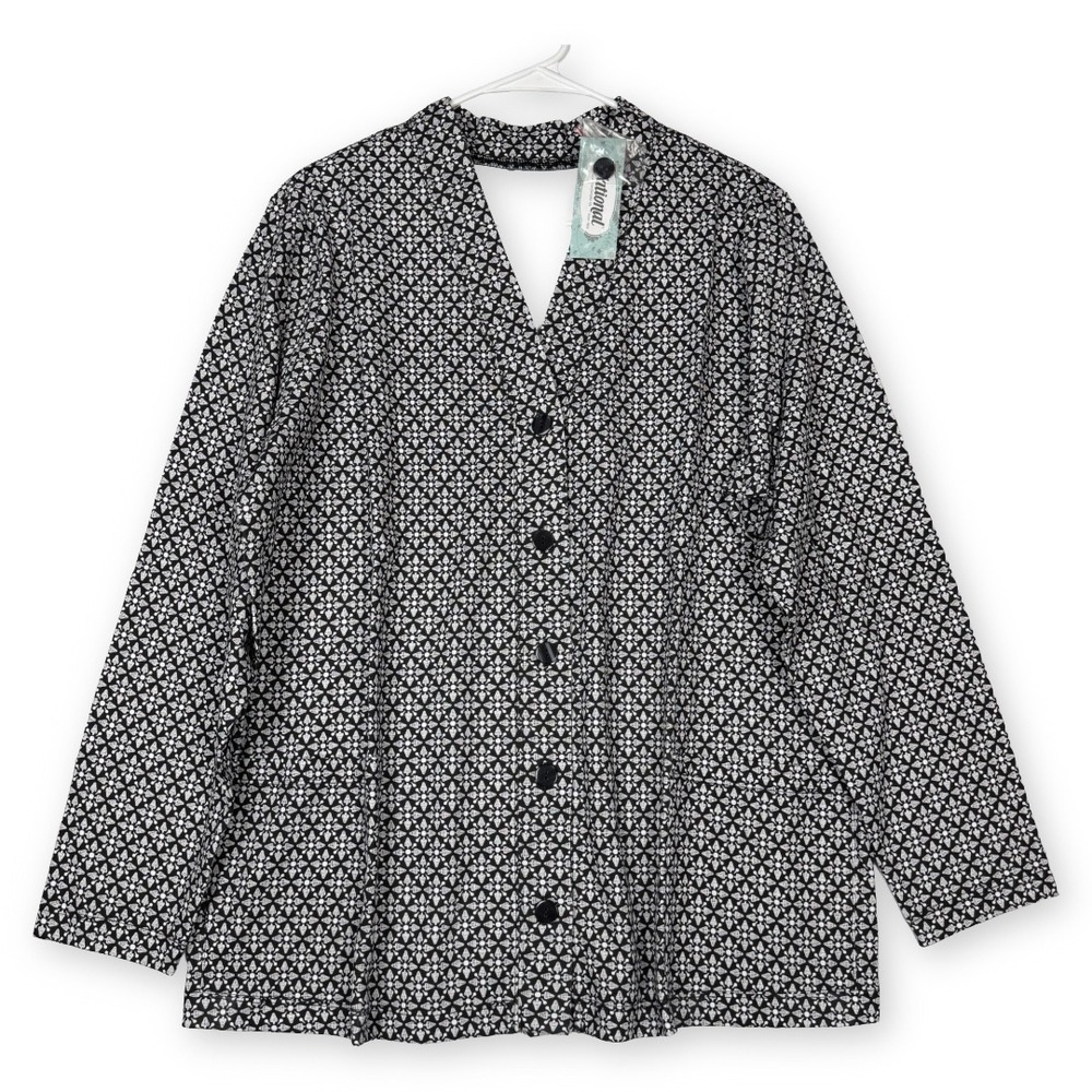 National UltraSofts Womens 1X Black White Geometric Floral Button Front Cardigan